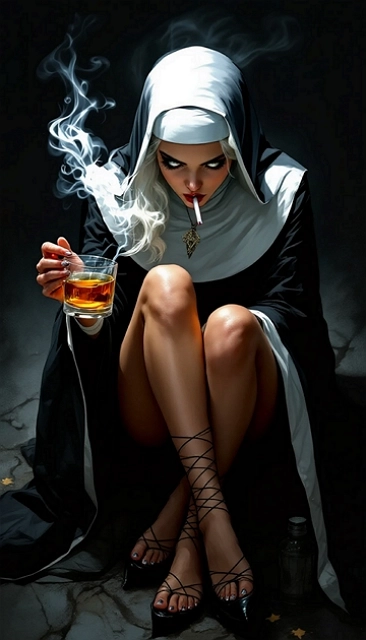 very hot yet humble full body rebel pose of a white-haired nun smoking with a cup of whiskey in the other hand knees up 