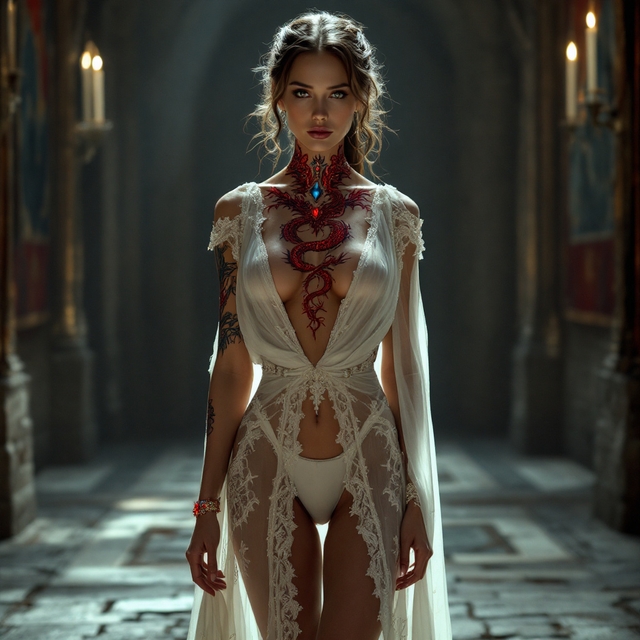 elegantly dressed in a Woman in luxurious shear gown, made of thin lace with a deep V-neck.