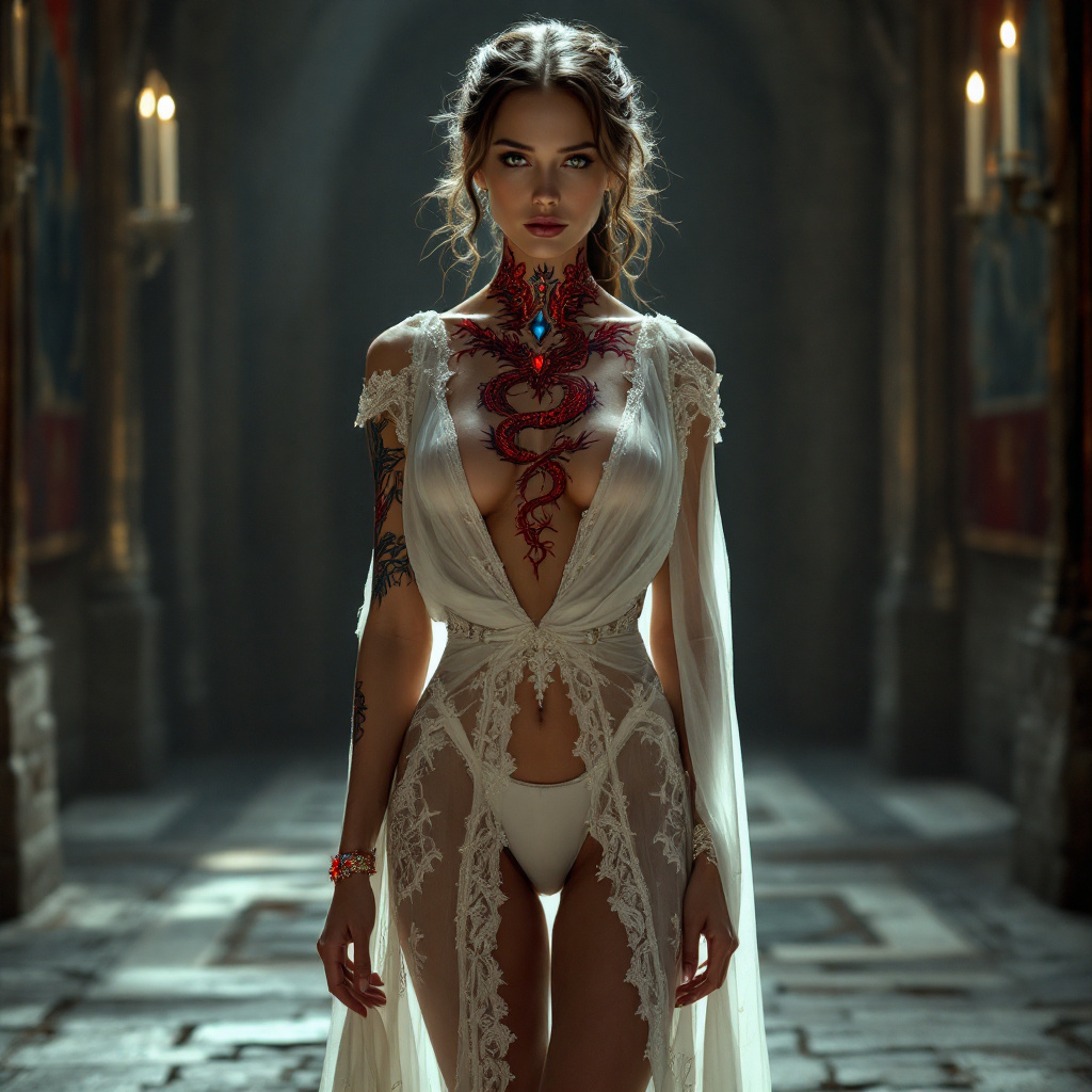 elegantly dressed in a Woman in luxurious shear gown, made of thin lace with a deep V-neck.